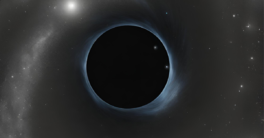 A black circle with a blue outline against a black background with white specks